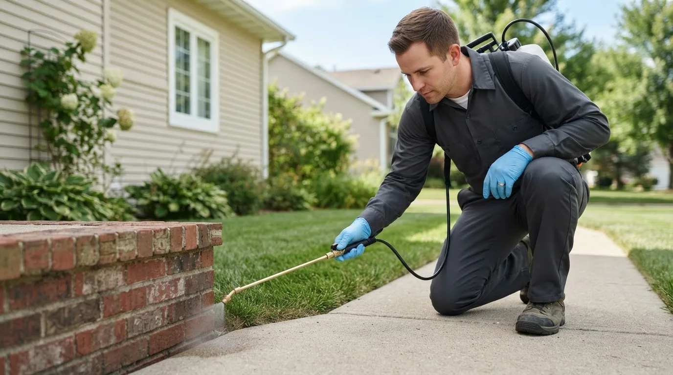 Pest control technician treating a home near Stanhope, IA